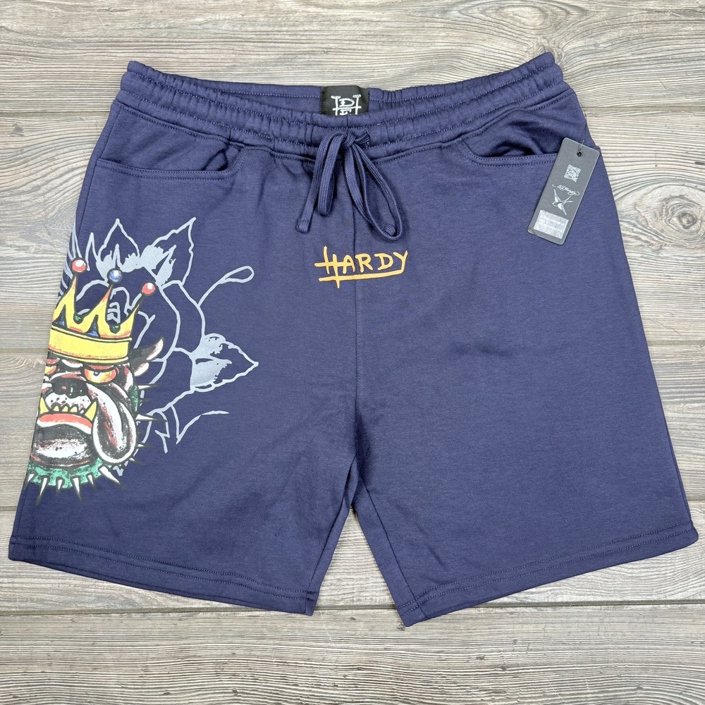Ed Hardy Fleece‎ Sweats Shorts Graphic Bulldog  Drawstring Navy Mens LARGE NWT